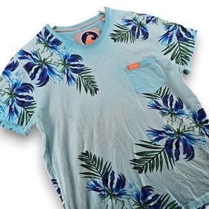 Superdry Pacific Surf Mens 2XL Blue Tropical Floral Palm Pocket T-Shirt M10006FO